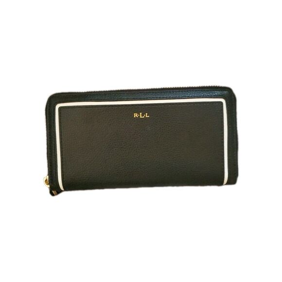 Lauren Ralph Lauren Black Leather Zip Around Wallet White Stripe Y2K Functional - Picture 1 of 8